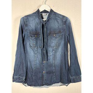Cabi Womens Button-Down Tie Neck Denim Shirt Top Medium Blue Long Sleeve Pockets